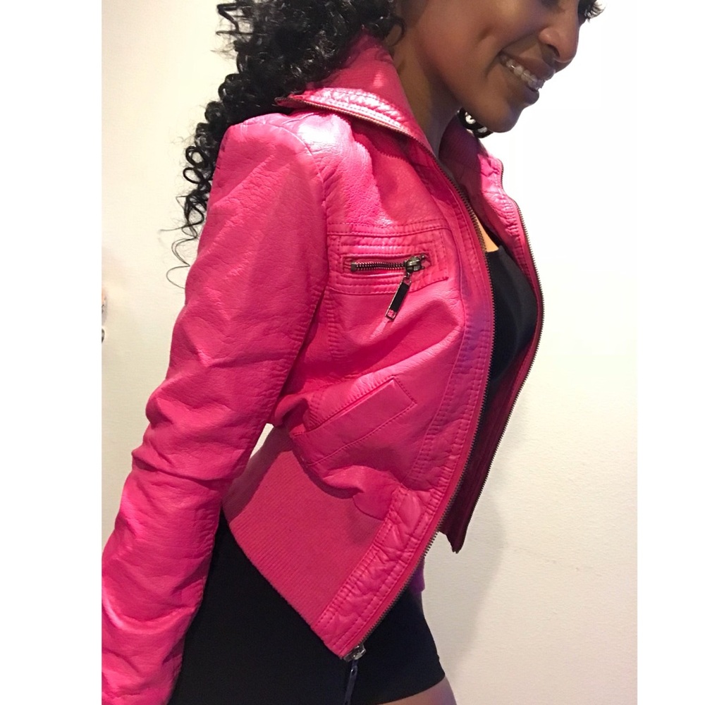 Medium Hot Pink Pleather Fitted Jacket